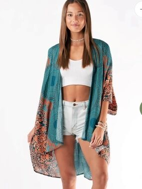 *LOTUS & LUNA*NWT* Teal & Rust Floral Medallion Kimono Cardigan